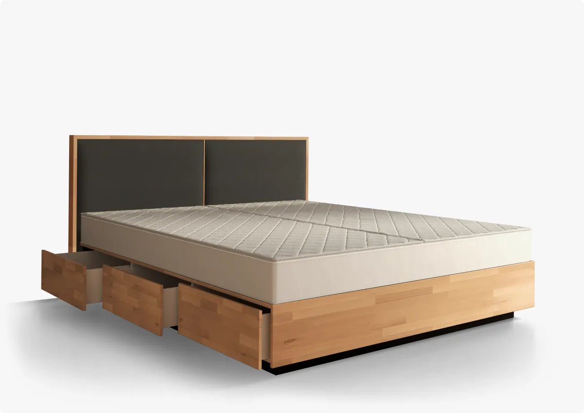 Boxspring-Wasserbett mit Schubkästen, Kopfteil mit dunklem Stoff, Kernbuche