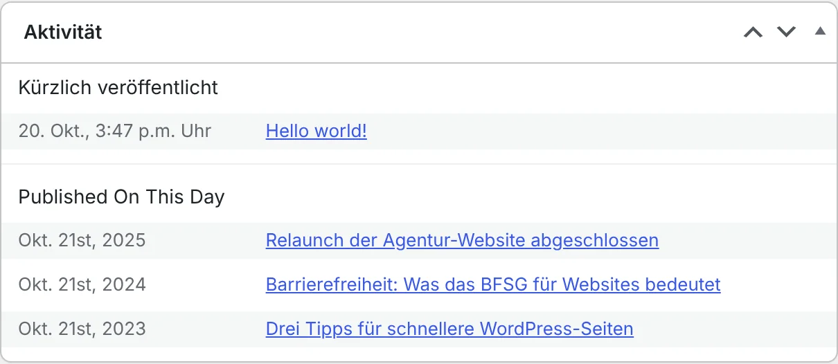 Aktivitäts-Widget im WordPress-Dashboard mit der Liste der Beiträge, die am selben Tag in früheren Jahren erschienen sind