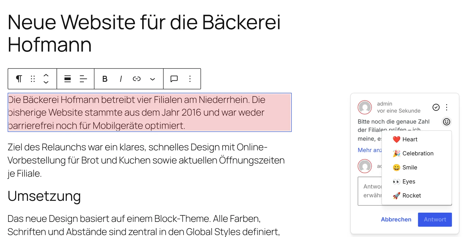 Block-Editor von WordPress 7.2 mit einer Anmerkung am Seitenrand und geöffneter Emoji-Auswahl