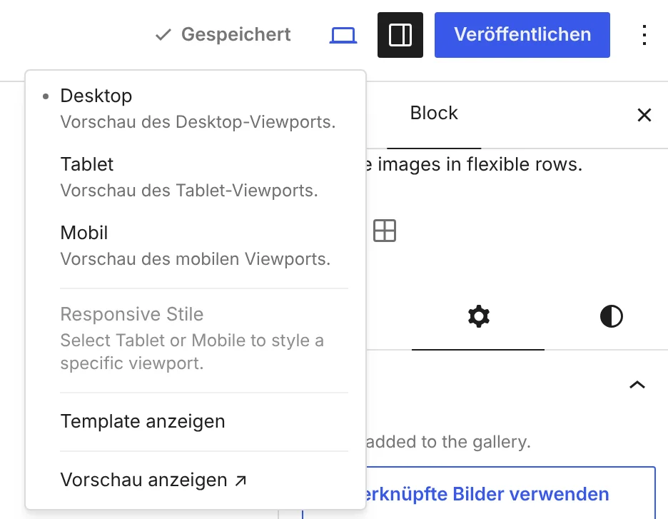 Vorschau-Menü des WordPress-Editors mit den Einträgen Desktop, Tablet, Mobil und dem neuen Hinweis Responsive Stile