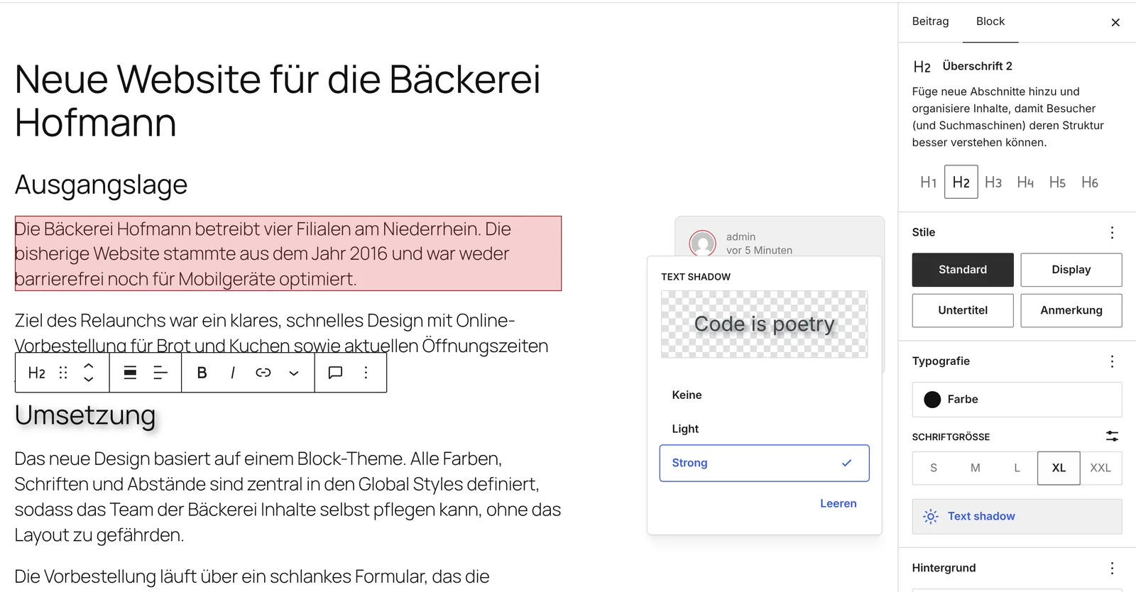 Typografie-Einstellungen einer Überschrift in WordPress 7.2 mit geöffneter Auswahl für Textschatten